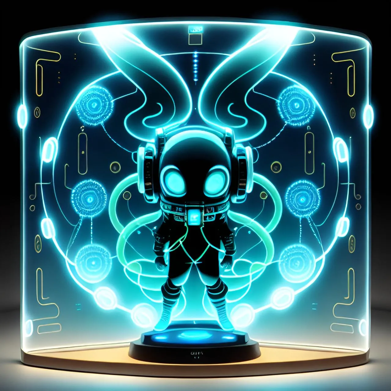 a little robot standing in front of a glowing display