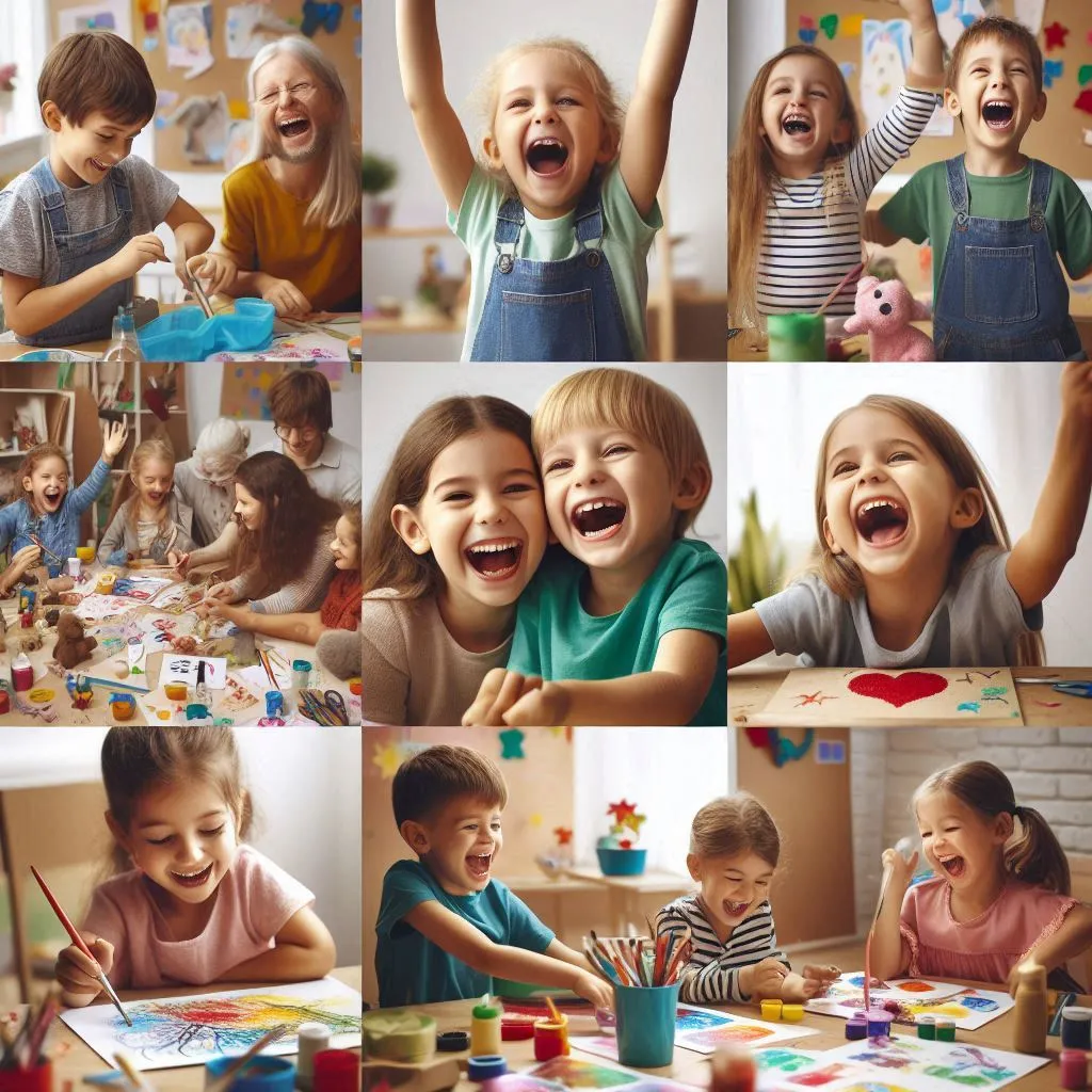 Expressions of joy and happiness as the group of children share special moments together, such as laughing, playing and creating art.