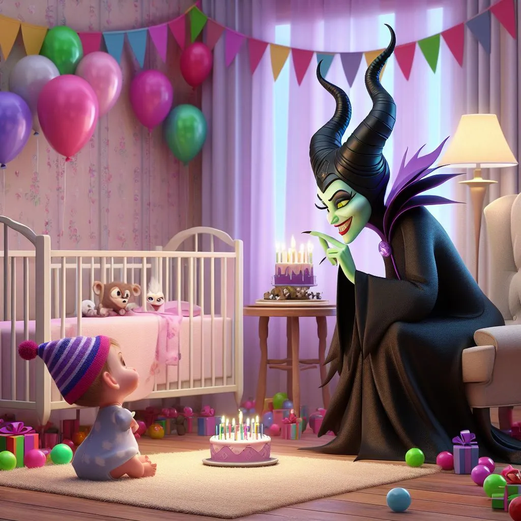 a child's room with a birthday cake and a maleficent