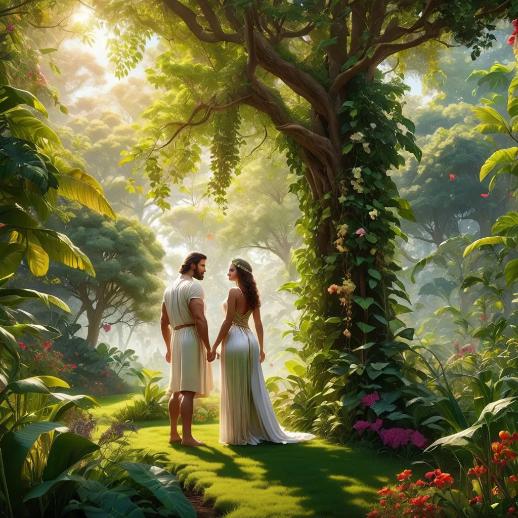 a painting of two people standing in a forest