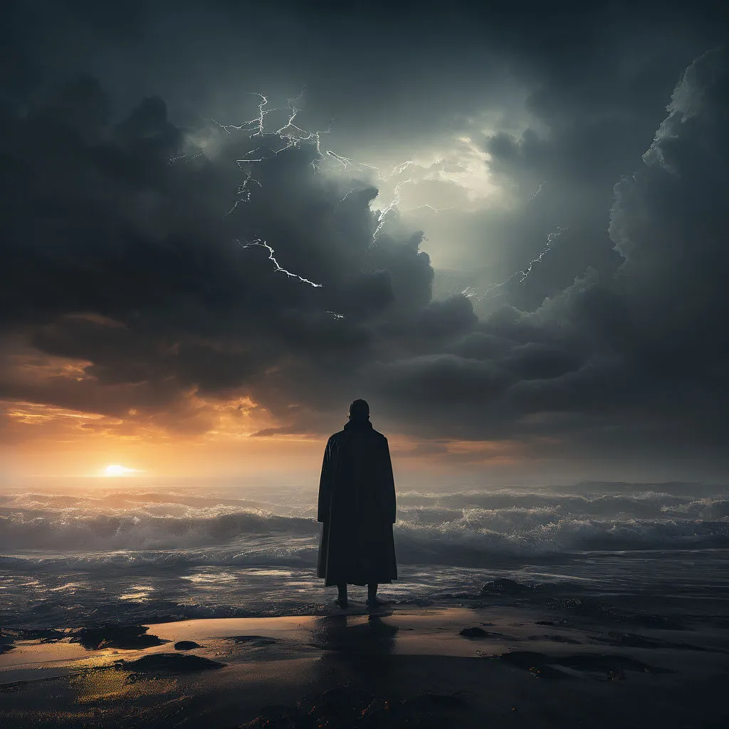 a man standing on a beach under a cloudy sky