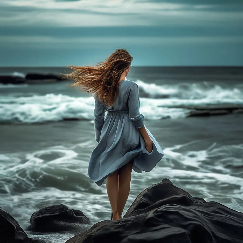 a woman in a blue dress standing on rocks near the ocean