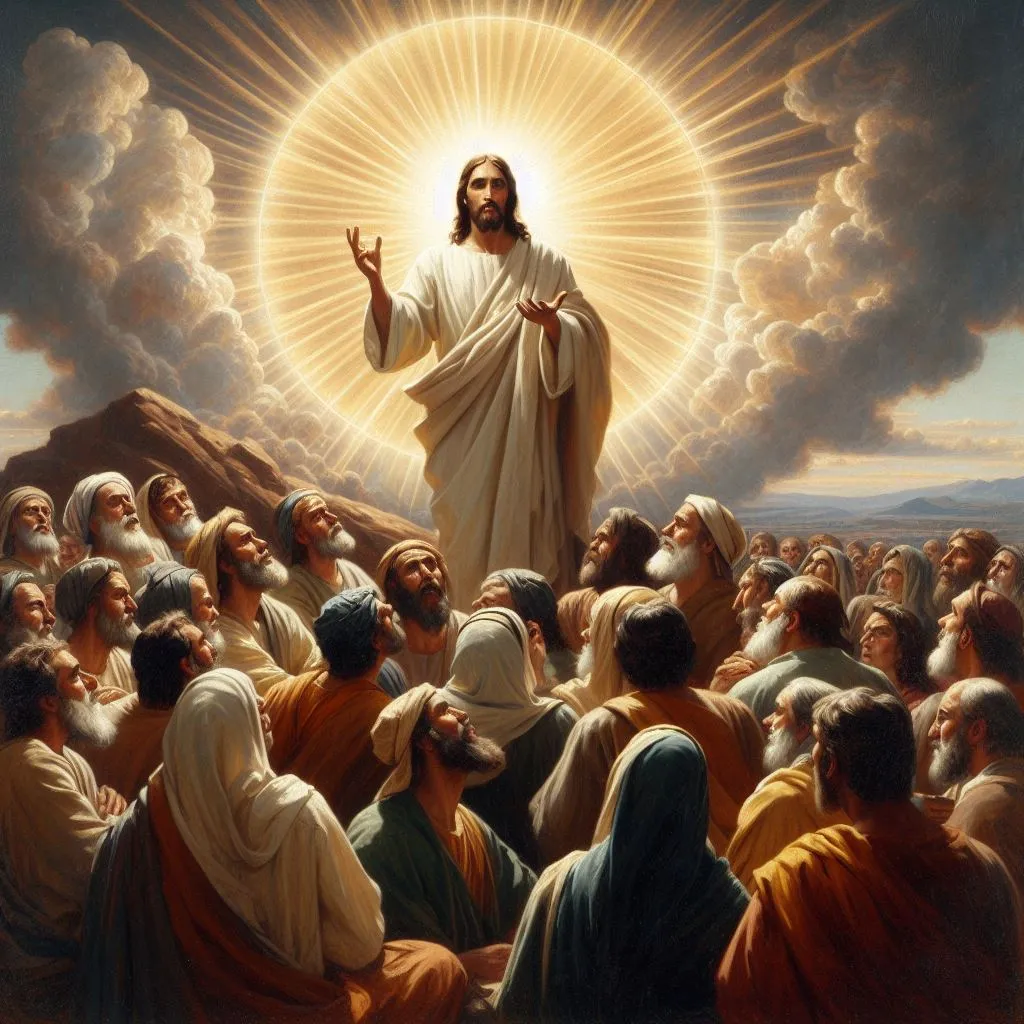 a painting of jesus standing in front of a group of people