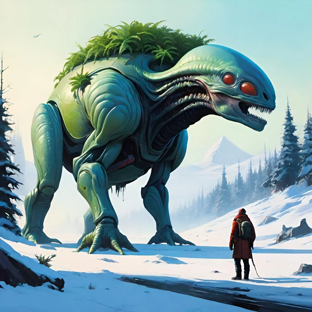 a man standing next to a giant creature in the snow