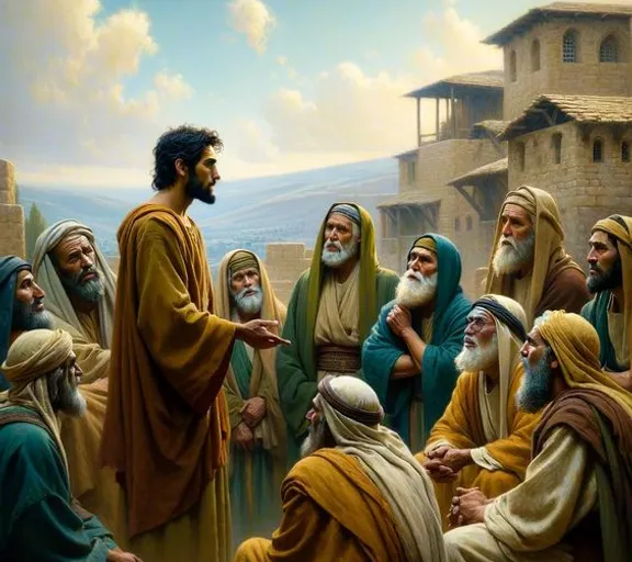 a painting of jesus talking to a group of people