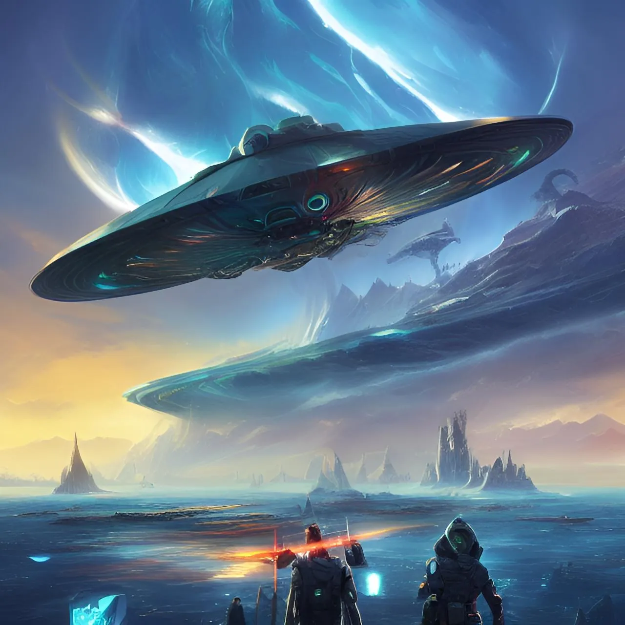 a group of people standing in front of an alien ship