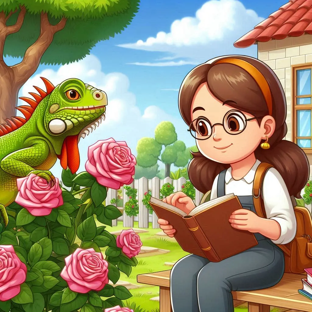 a girl sitting on a bench reading a book next to a lizard