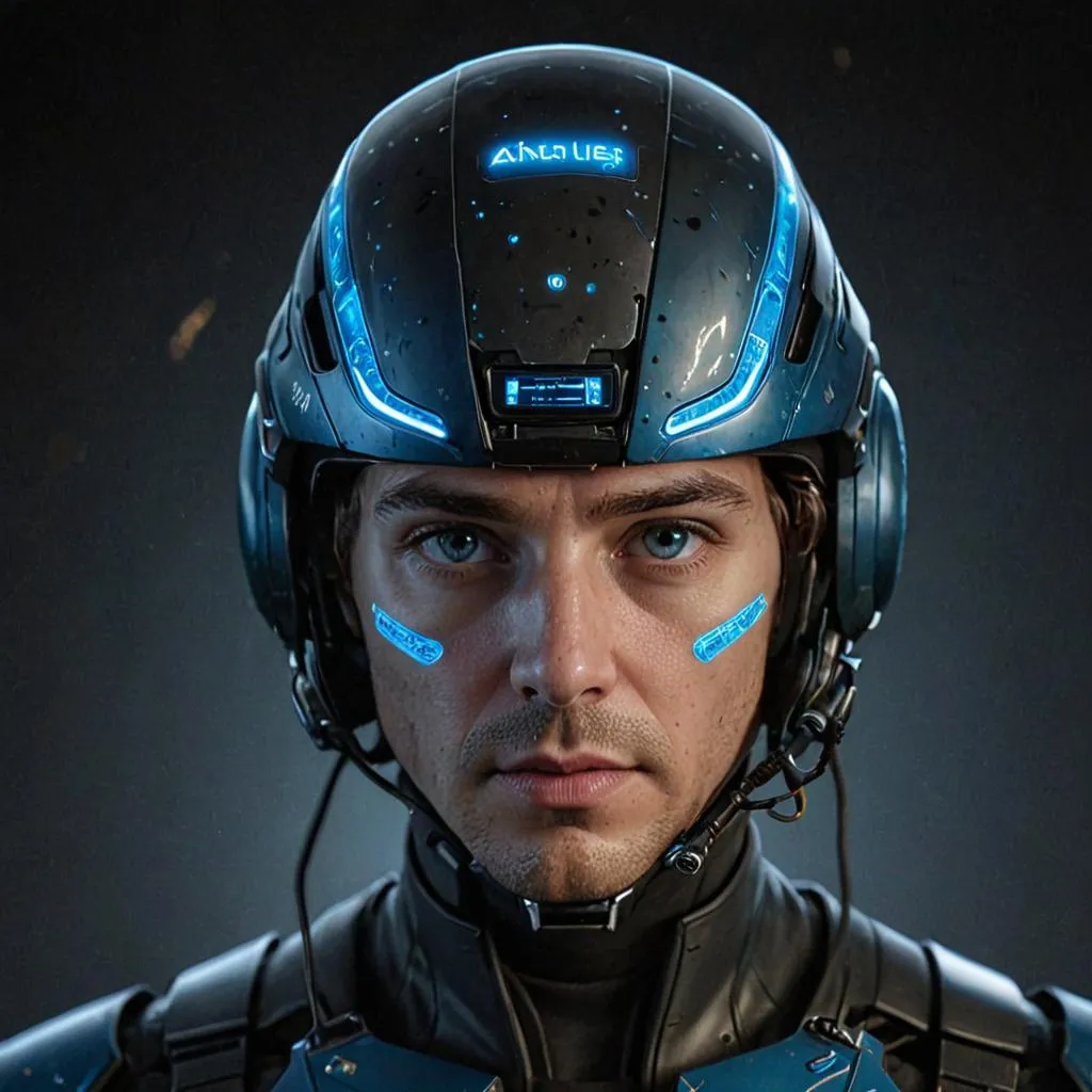 a man wearing a helmet with blue lights on his face