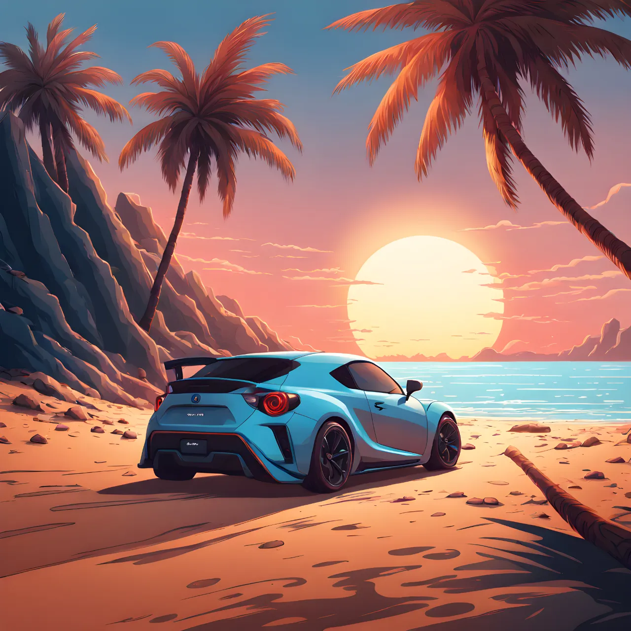 a white sports car parked on the beach at sunset