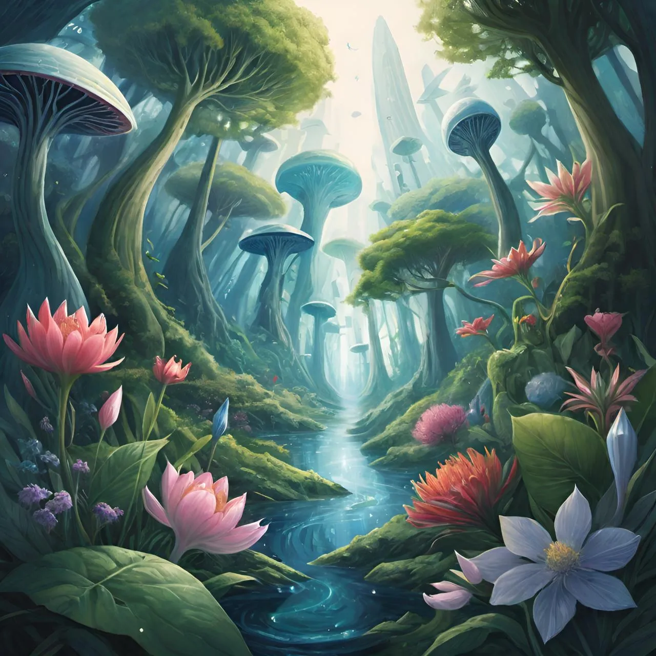 a painting of a forest filled with lots of flowers