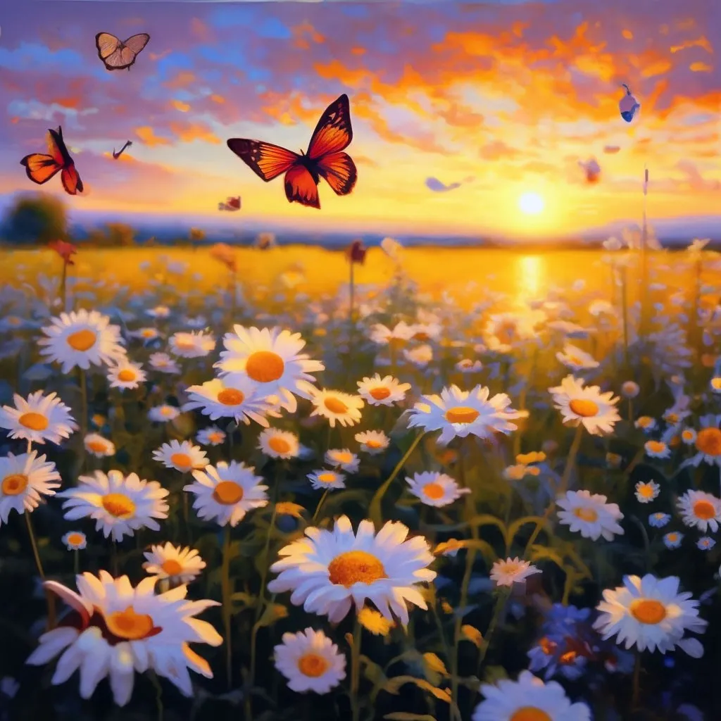 a painting of a field of daisies with a sunset in the background