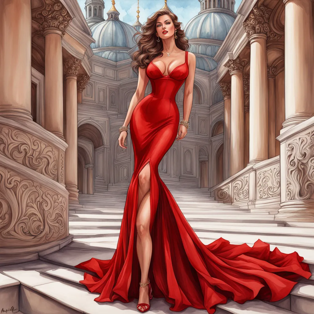 a painting of a woman in a red dress