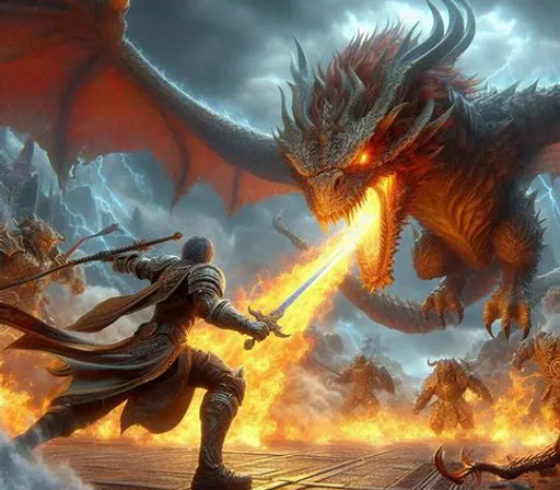 a dragon attacking a knight in a battle