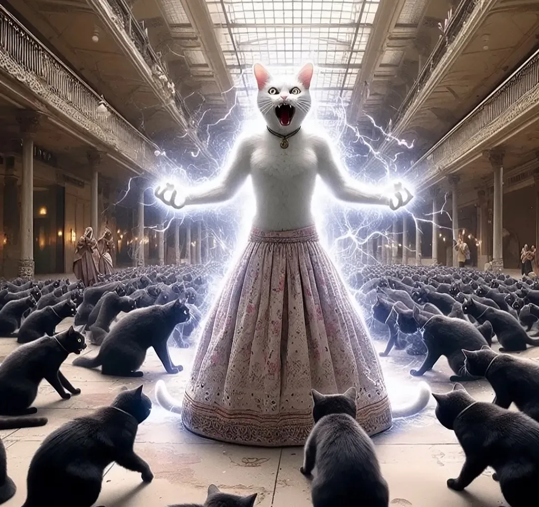 a woman in a dress surrounded by cats