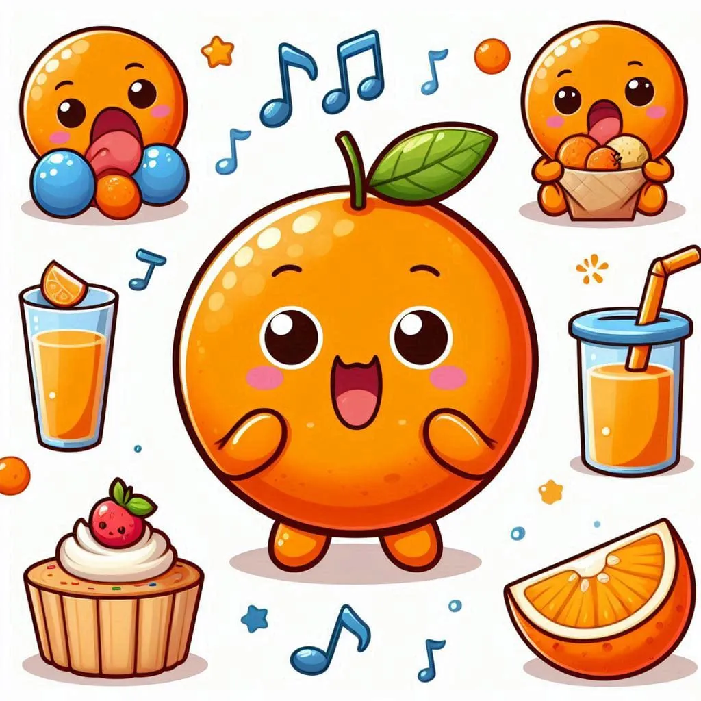 an orange cartoon character surrounded by various foods