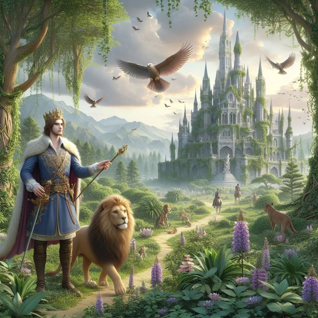 a painting of a man and a lion in front of a castle