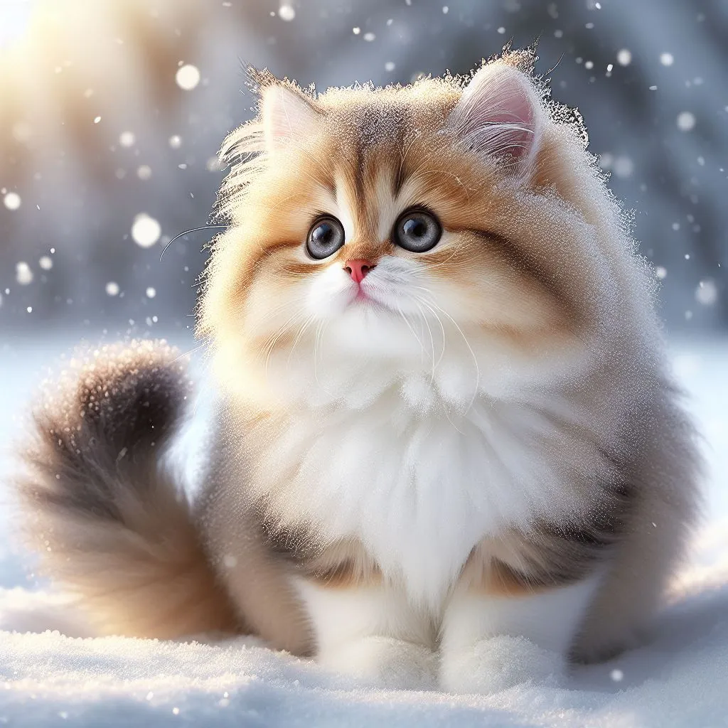 a fluffy cat sitting in the snow looking at the camera