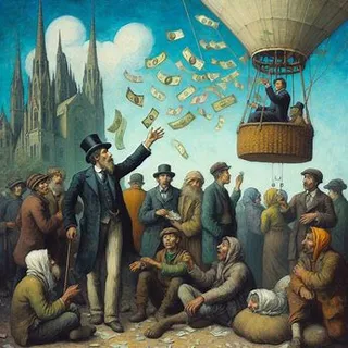 a painting of a man in a hot air balloon