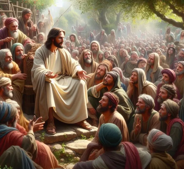 a painting of jesus talking to a group of peoplep