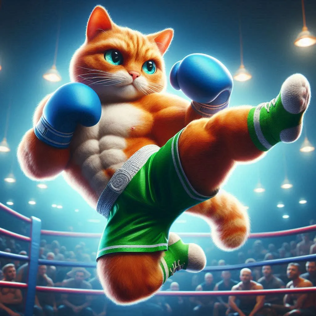 a cat is in the middle of a boxing ring