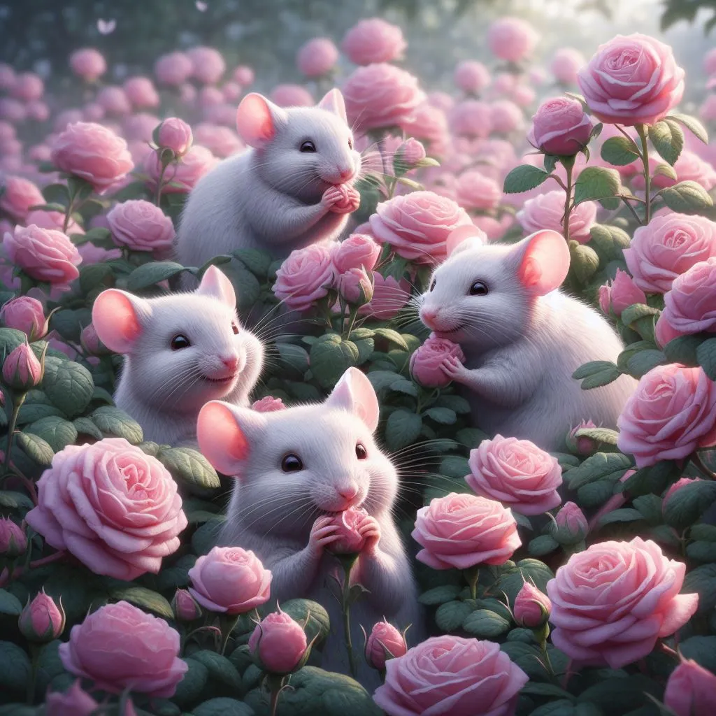 a painting of three mice in a field of roses , they are eating roses.