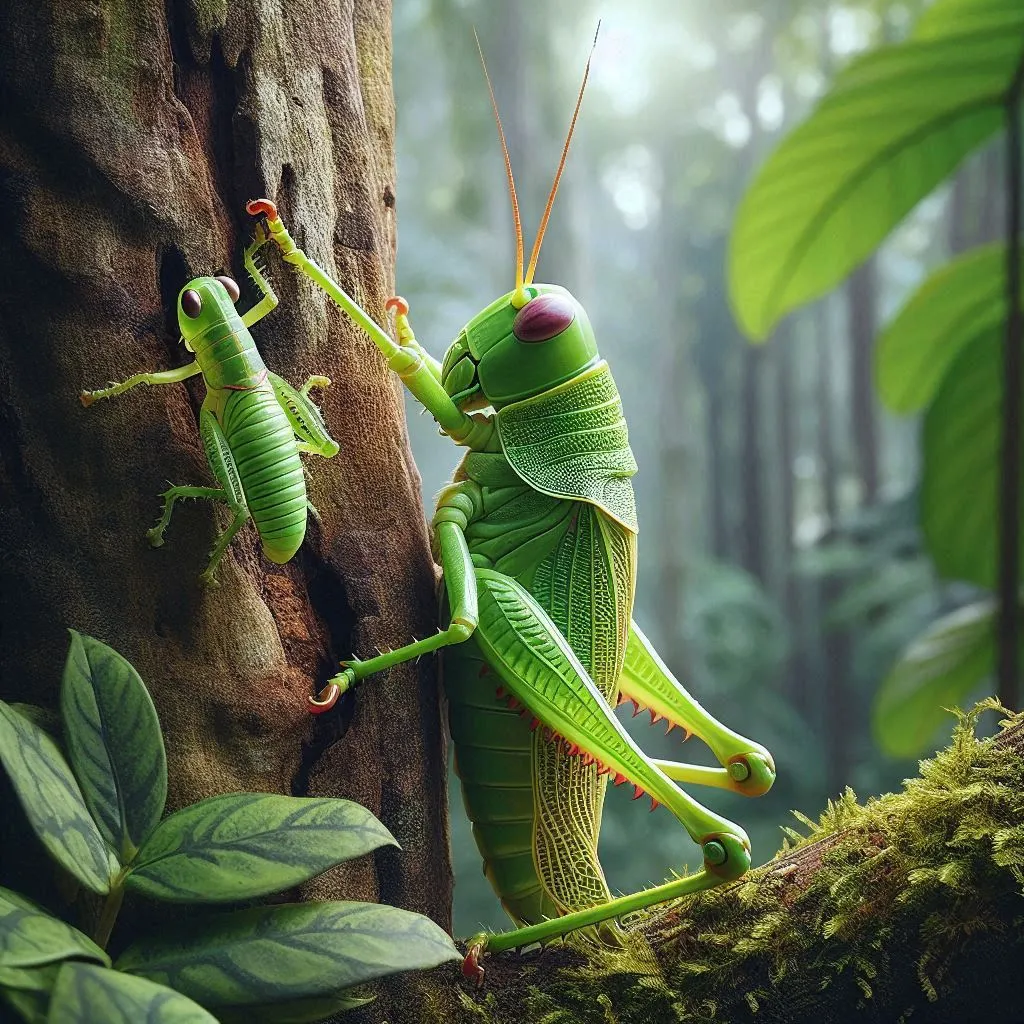 a couple of green bugs standing on top of a tree