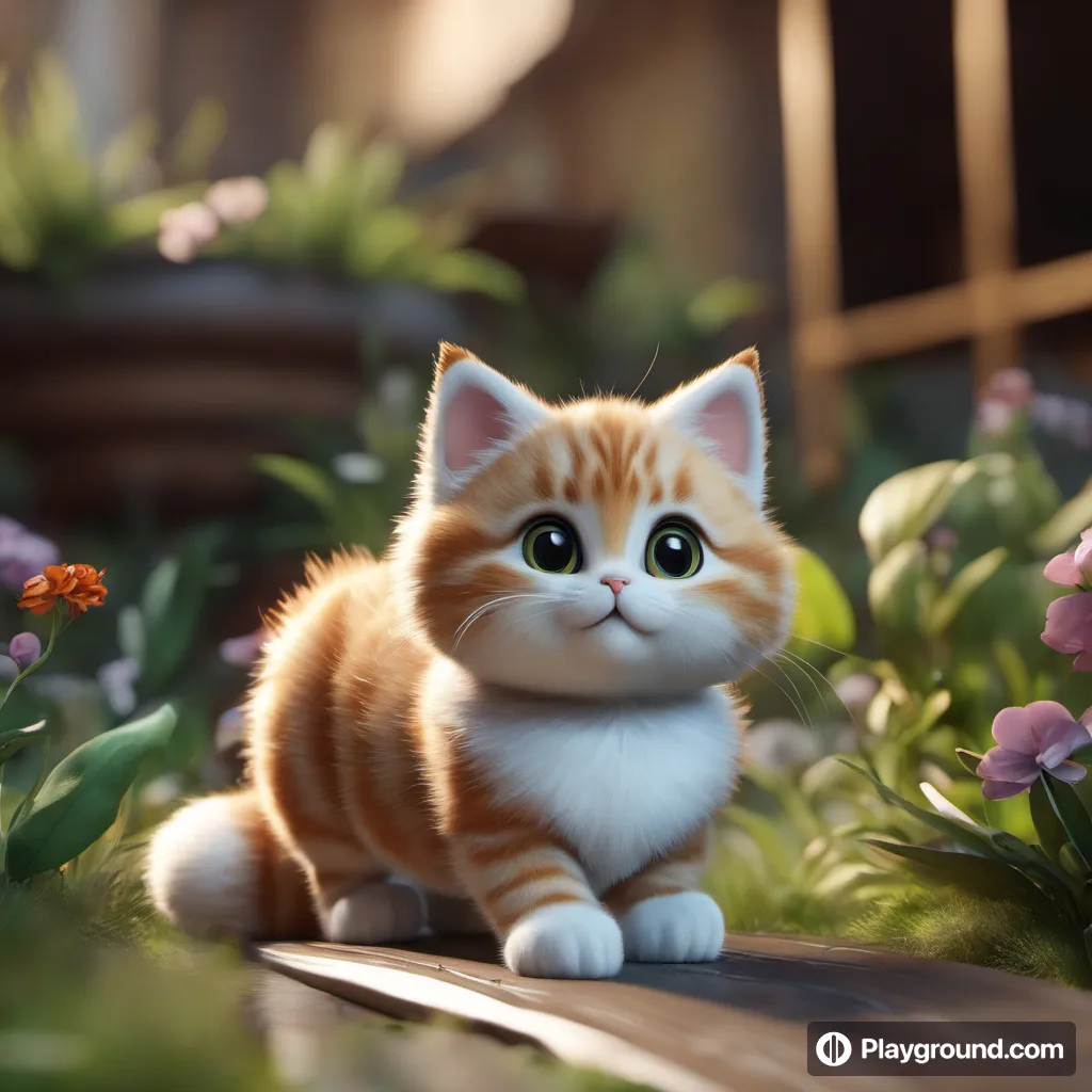 a small orange and white kitten sitting in a garden