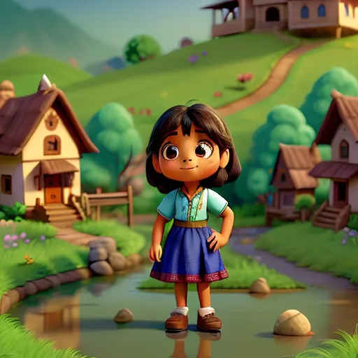 a little girl standing in front of a small village