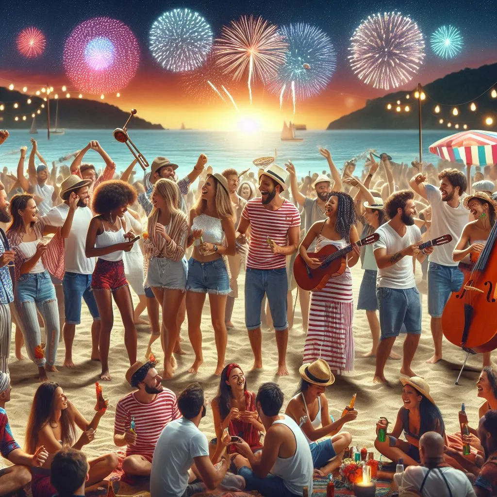 A lively beach party with a diverse group of people dancing, singing, and playing instruments. Fireworks go off in the distance.