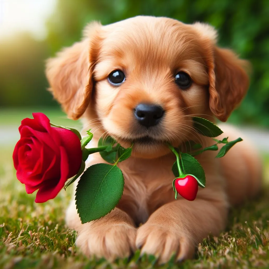 a puppy with a rose in its mouth