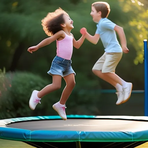 two children jumping on a trampoline in a park