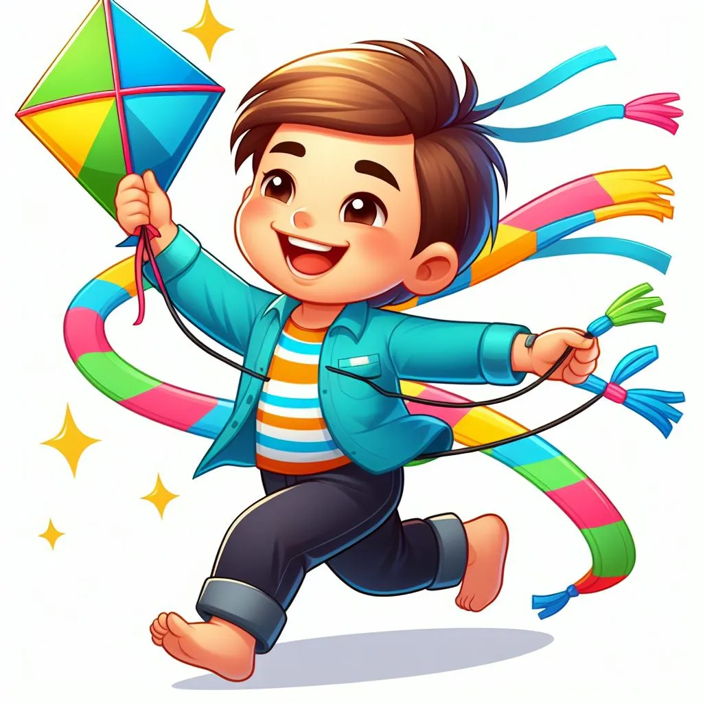 a boy running with a kite in his hand