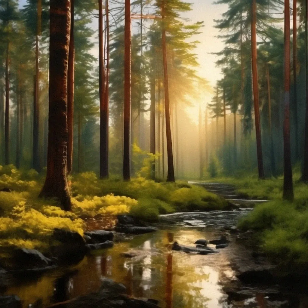 a painting of a stream running through a forest