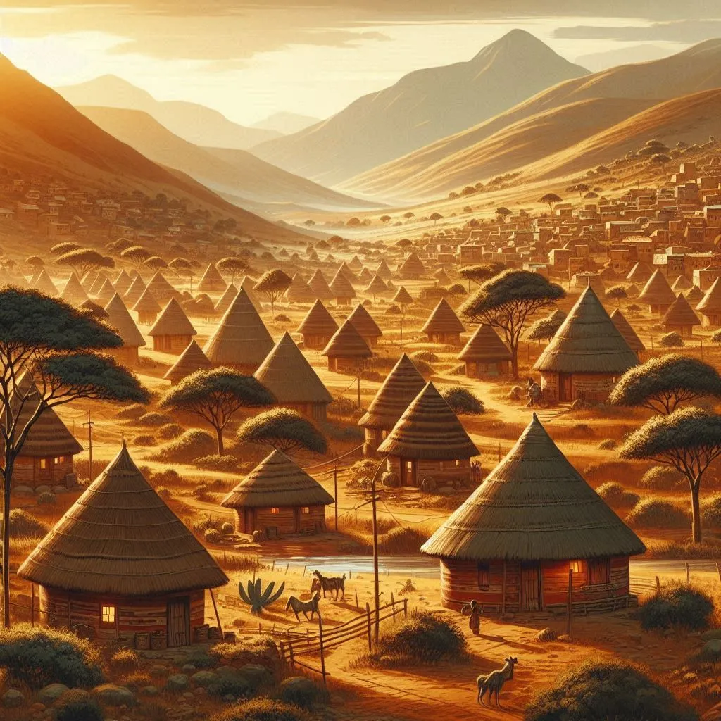 a painting of a village in the middle of a desert