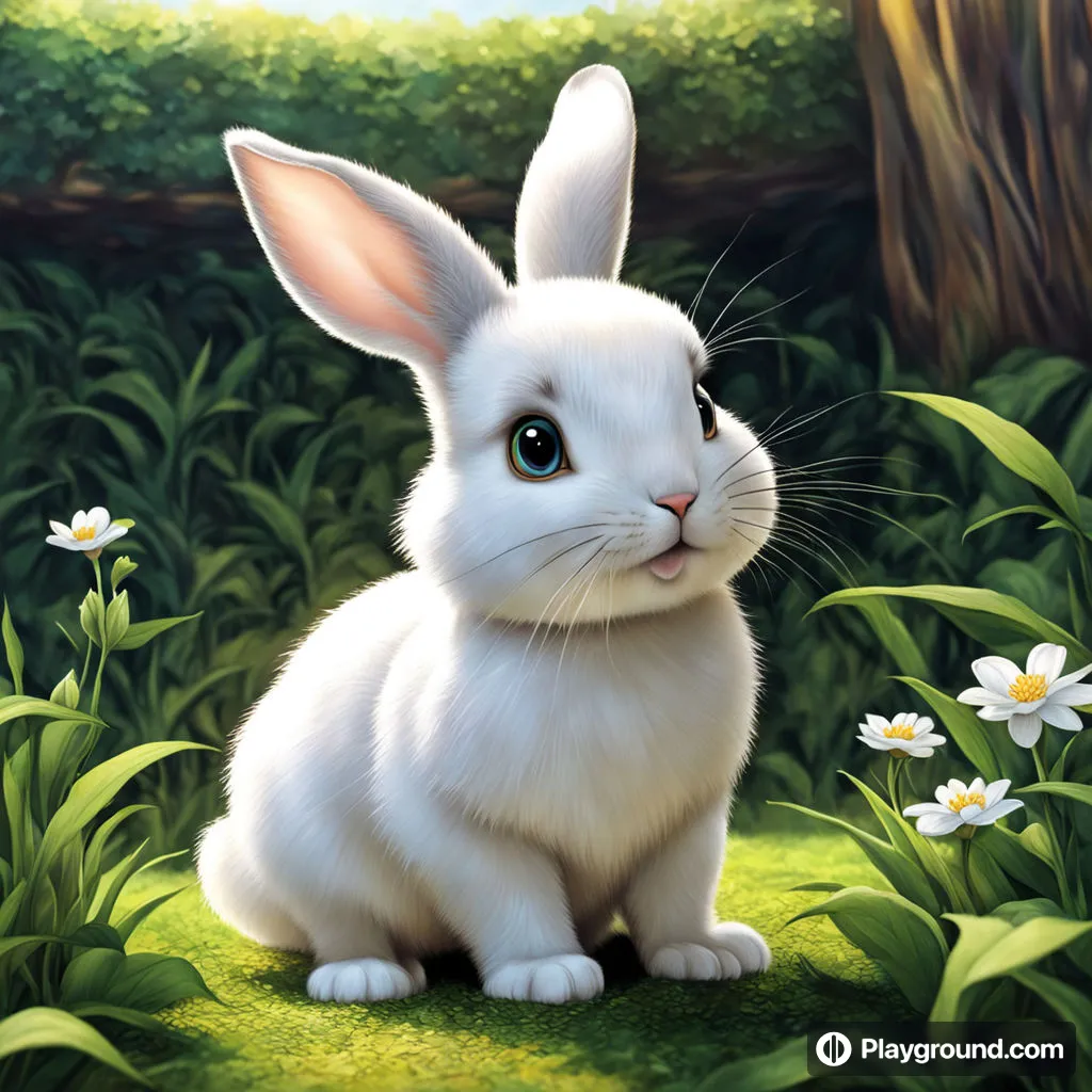 a painting of a white rabbit sitting in the grass