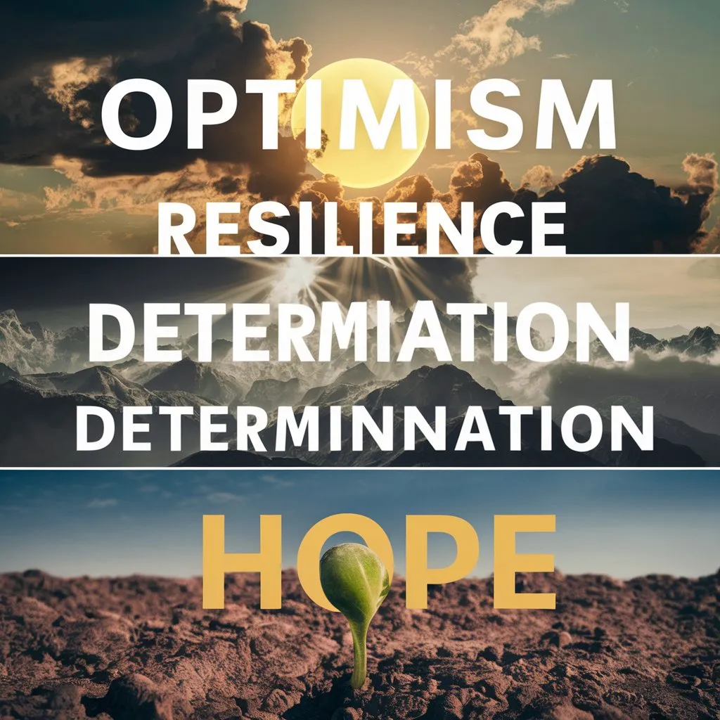 A collage of images representing the key words of the song: "optimism", "resilience", "determination", "hope", with visual elements that evoke these concepts, such as a shining sun behind dark clouds or a seed sprouting from a arid land.