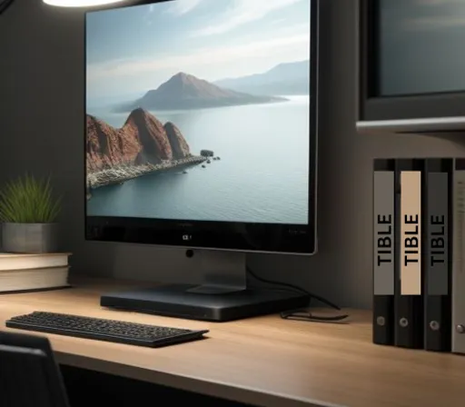 a computer monitor sitting on top of a wooden desk smile, table,  interior design,  eyewear, blazer African American woman, 30 face of betty bop, pink business suit taking the employee on a tour of the office while smiling and talking with male and female  employees around her