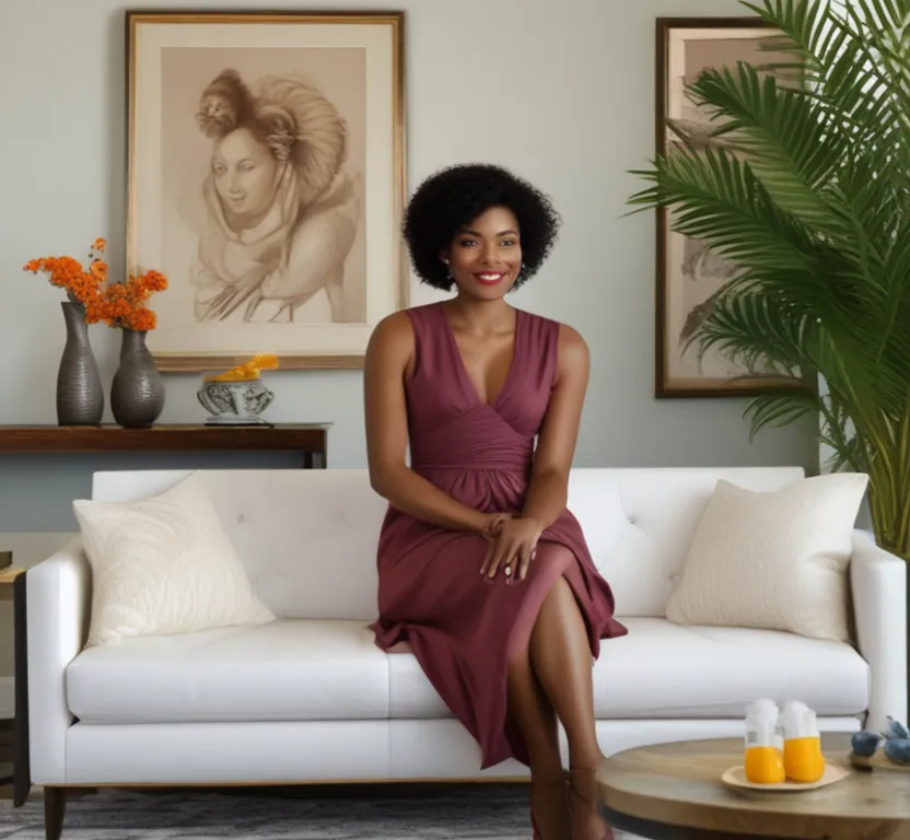 a woman sitting on a couch in a living room