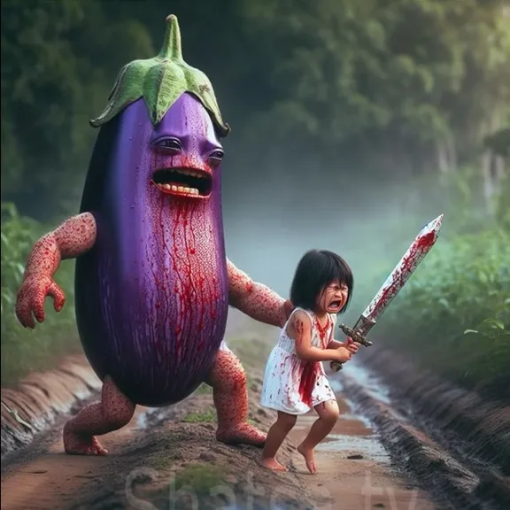 a little girl  with sword in his hand running away from a giant eggplant