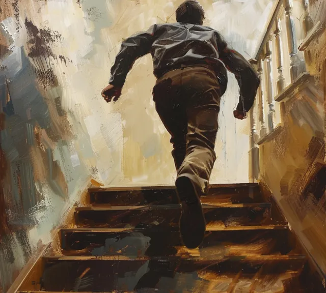 a painting of a man walking down a flight of stairs