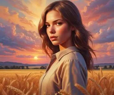 a painting of a woman standing in a wheat field