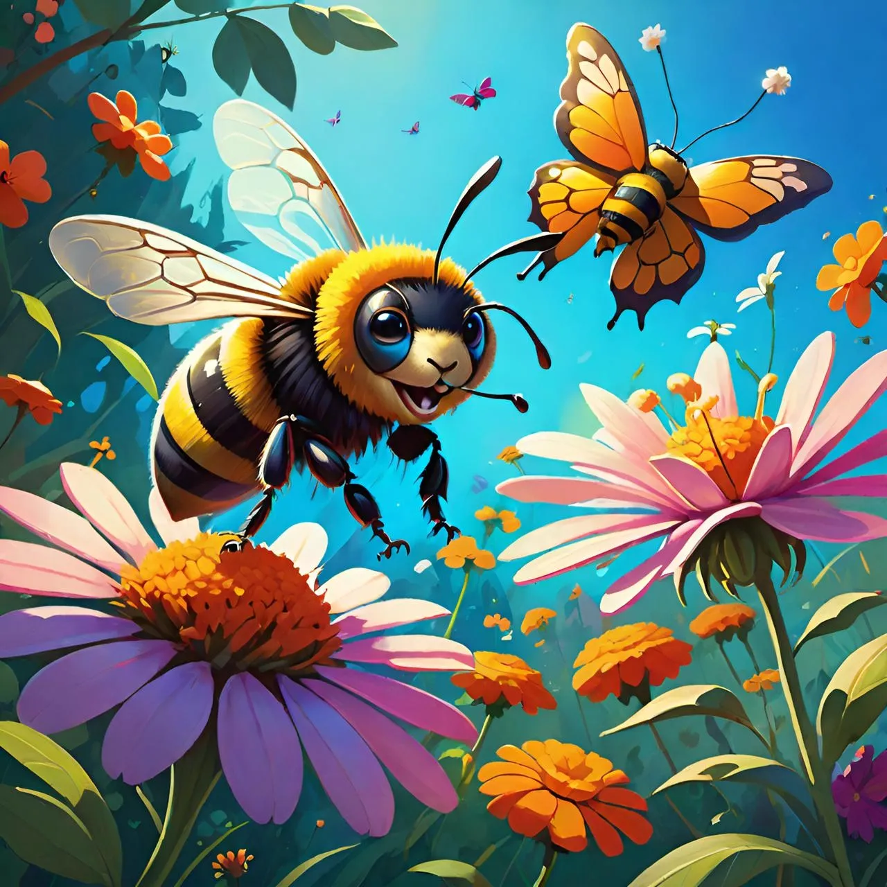 a painting of a bee on a flower field