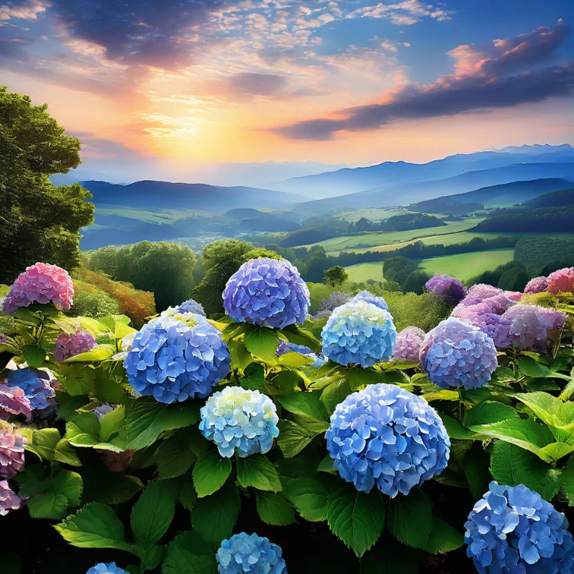 a painting of blue and pink flowers in a field