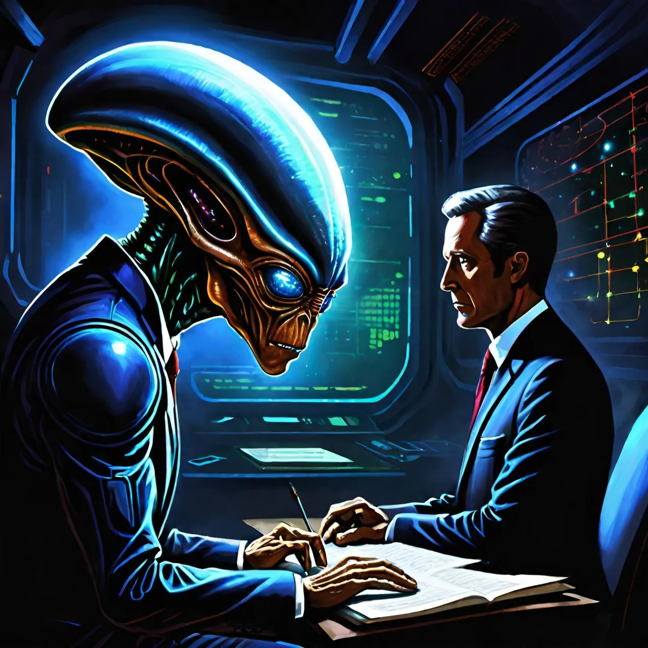 a man sitting at a desk in front of an alien