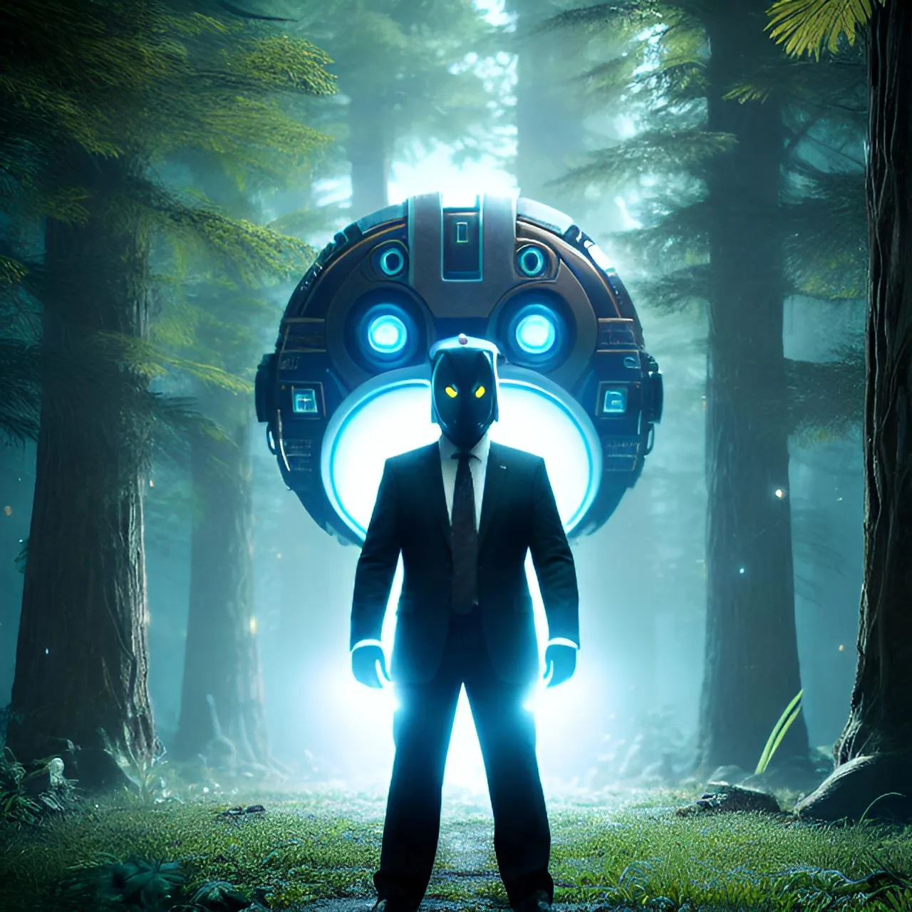 a man in a suit standing in the middle of a forest