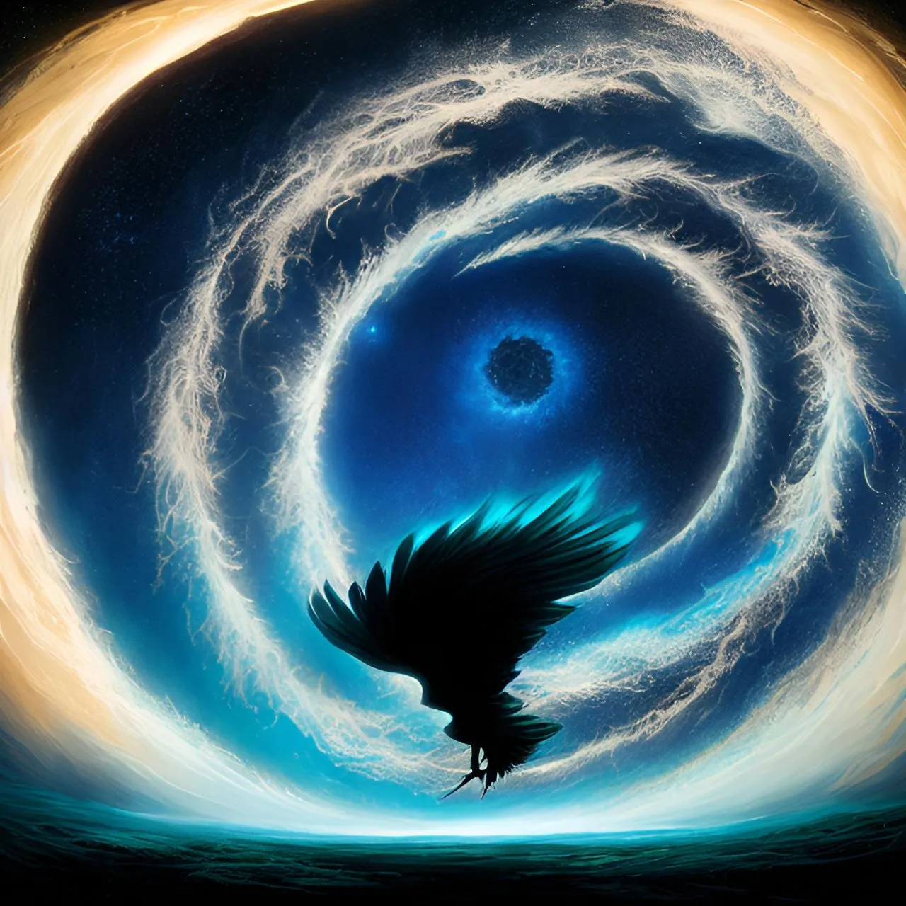 a painting of a bird flying through a vortex