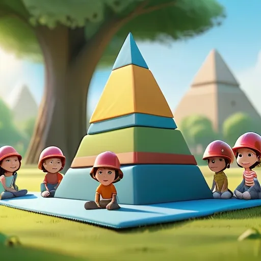 a group of children sitting on top of a giant pyramid