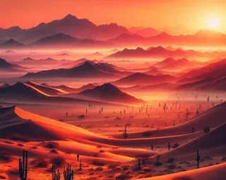 a painting of a desert with a sunset in the background