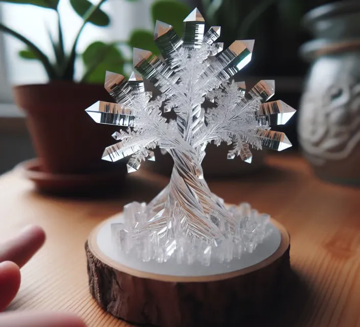 a snowflake is sitting on a table next to a potted plant