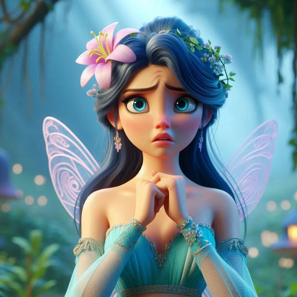  a worried  beautiful fairy woman  with blue hair wearing blue lehehenga,flower  on the head in the jungle   standng barefoot3D animation cartoon 